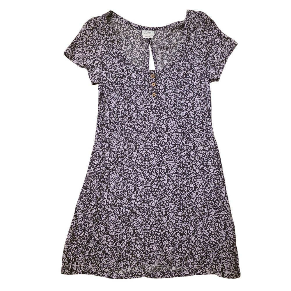 RVCA Floral Mini Dress Purple White Short Sleeve Keyhole Back AVJWD00167 XS